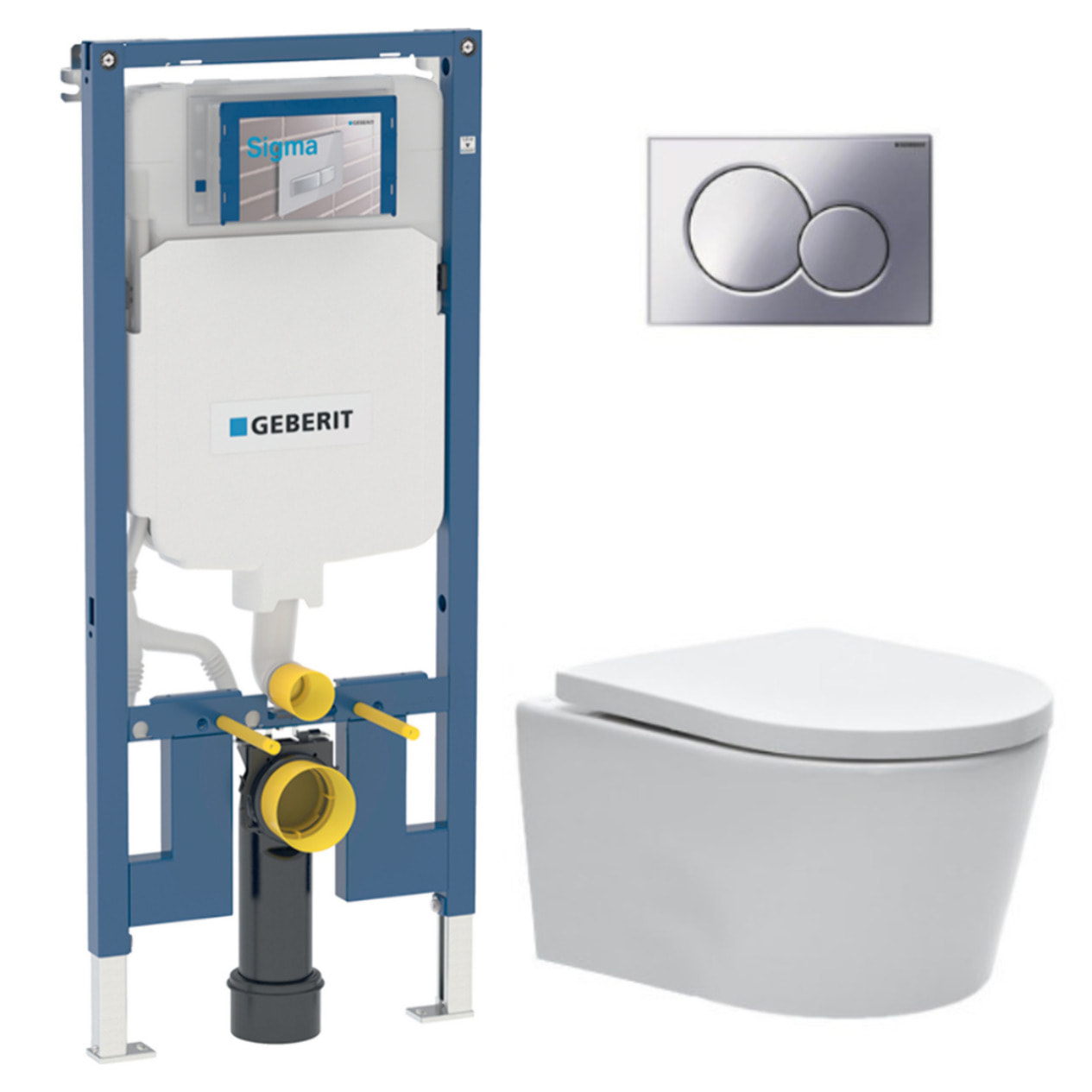 Pack WC sans bride SAT, fixations invisibles + Abattant softclose + Bâti support Geberit Extra-plat UP720 + Plaque Chrome
