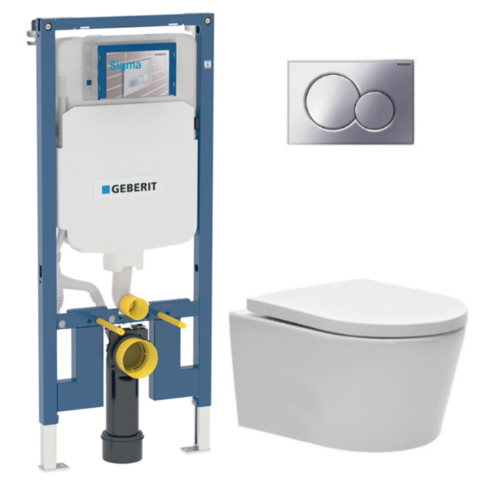 Pack WC sans bride SAT, fixations invisibles + Abattant softclose + Bâti support Geberit Extra-plat UP720 + Plaque Chrome