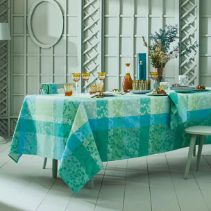 Nappe pur coton motif jacquard bleu vert Mille feuillages turquoise