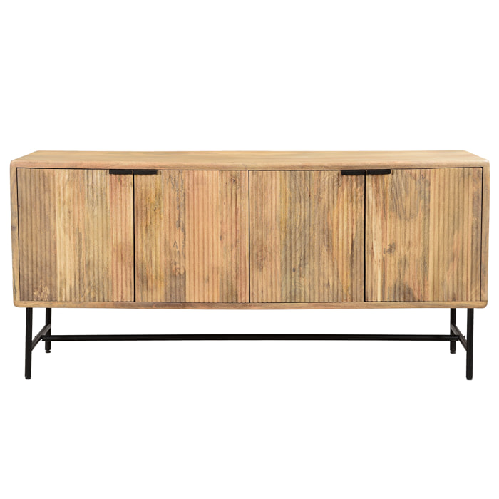 Buffet en bois manguier massif gravé et métal noir 4 portes L160 cm MORISSON