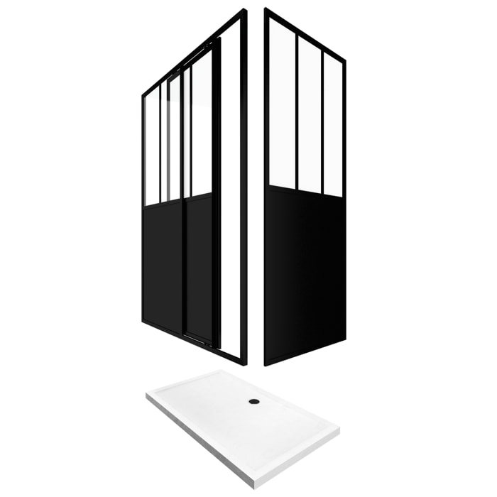 Pack Paroi porte de douche coulissante + retour 80 cm type atelier + receveur blanc 120x200 cm