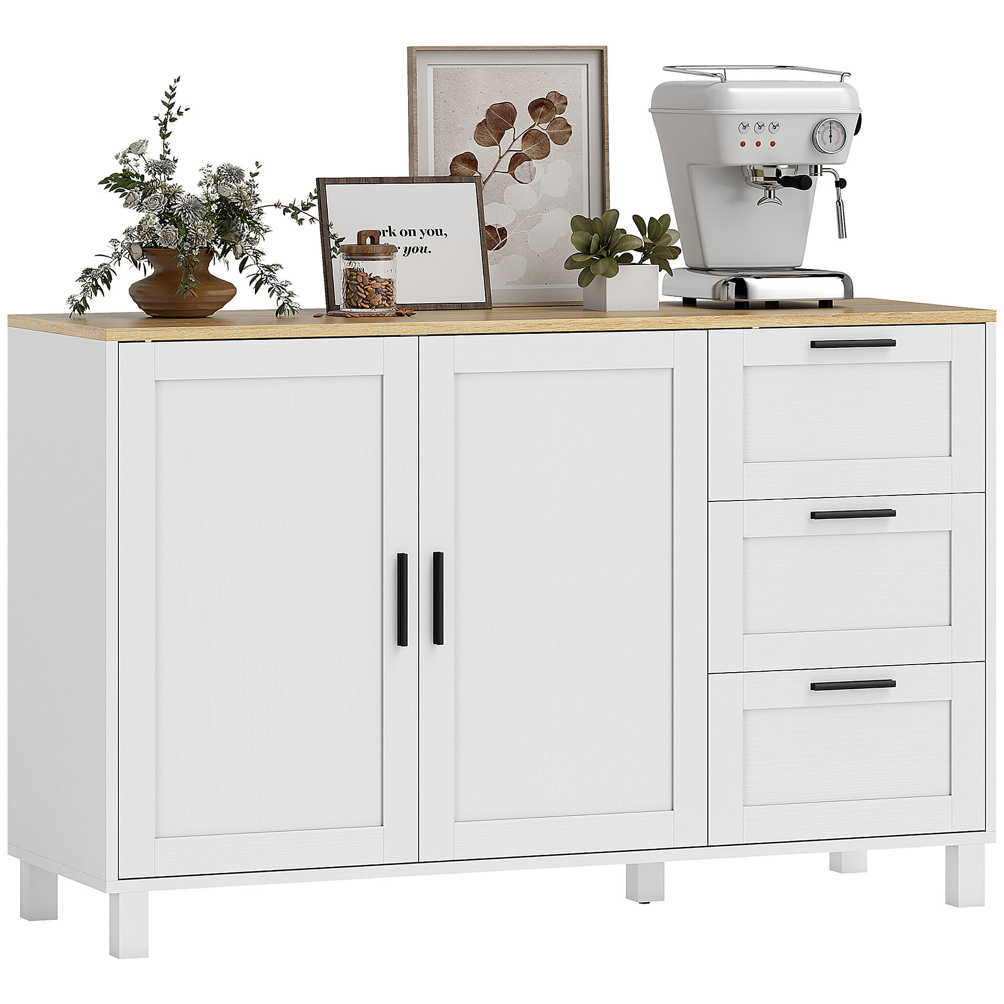 Aparador 2 Puertas, Aparador para Salón Moderno, con 3 Cajones, Estante Ajustable y Patas de Madera, para Comedor, Entrada, Dormitorio, 120x38x76 cm, Blanco