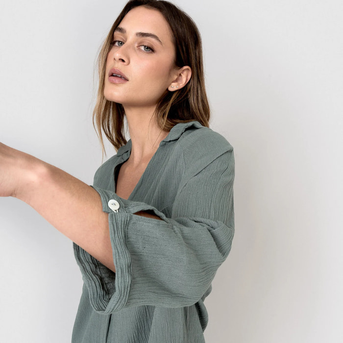 Vestido midi algodón lino verde azulado