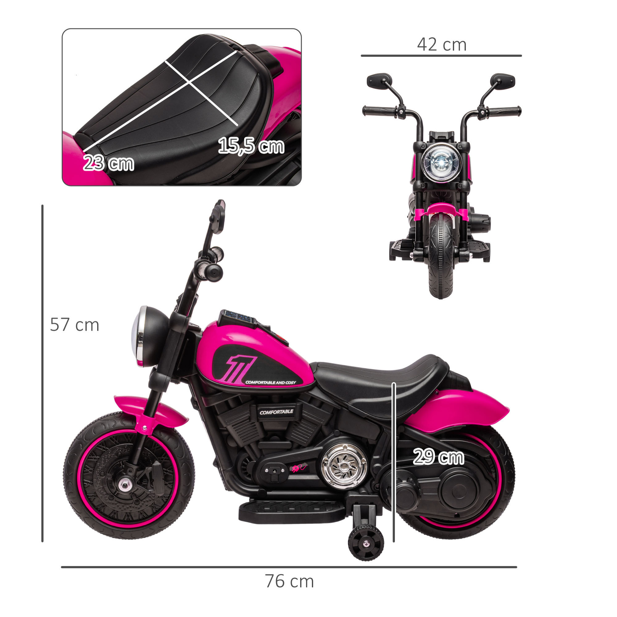 Moto électrique enfant 6 V 3 Km/h effet lumineux roulettes amovibles repose-pied pédale métal PP rose noir