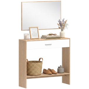 Recibidor de Entrada con Espejo, Cajón y Estante, Mueble de Recibidor de 2 Piezas con Mesa Consola y Espejo, Diseño Antivuelco, para Pasillo, 91,5x27,9x85,5 cm, Roble
