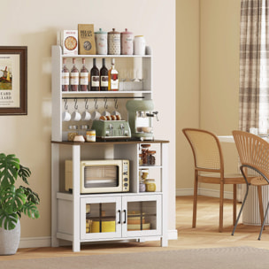 Alacena de Cocina Alta, Mueble Auxiliar de Cocina, con 6 Ganchos para Tazas, 2 Puertas de Vidrio, Estantes Abiertos, Blanco, 80x40x152 cm