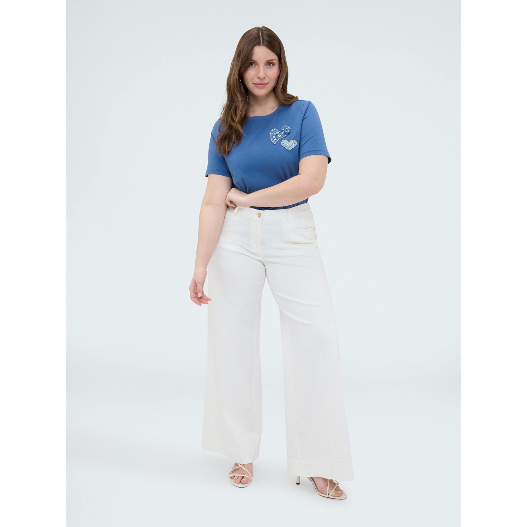 Fiorella Rubino - Camiseta de algodón con corazones y estrás - Azul