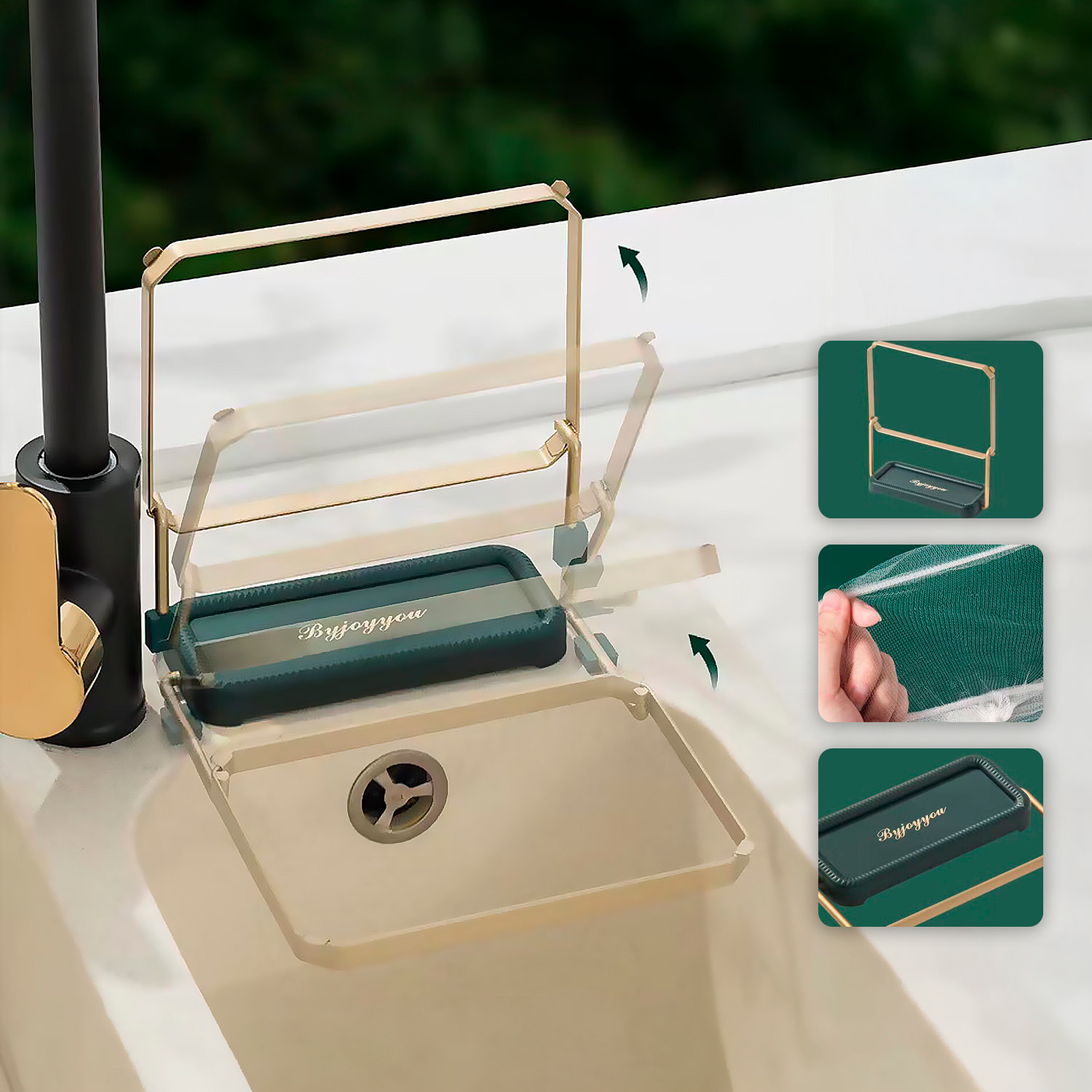 Colador elevable de metal para fregadero con 50 filtros reutilizables incluidos. Diseño práctico que facilita el drenaje y permite ahorrar espacio tras su uso.