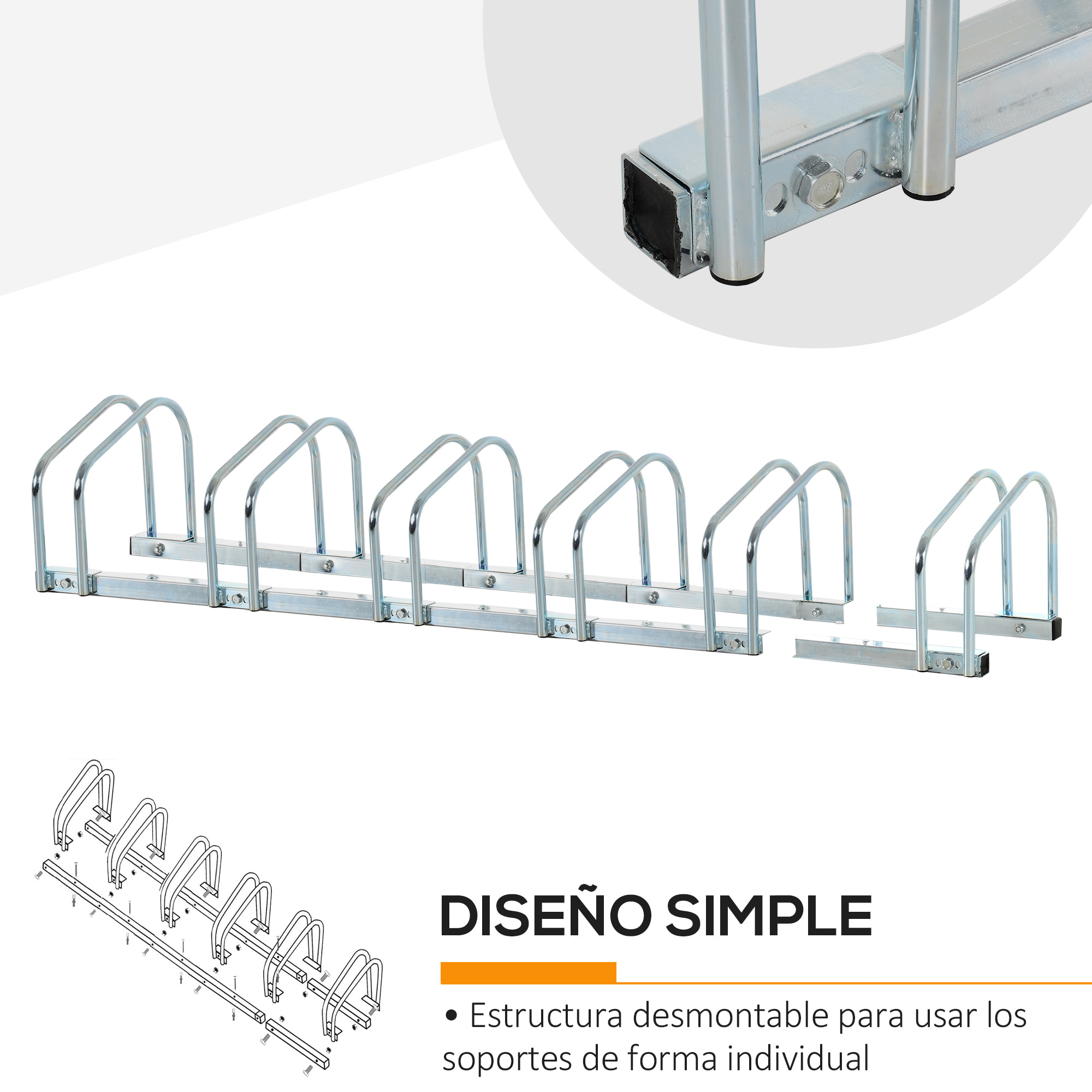 Aparcamiento para 6 Bicicletas Soporte de Acero para Aparcar Bicicletas en el Suelo o Pared Estacionamiento para Interior y Exterior 179x33x27 cm Plata