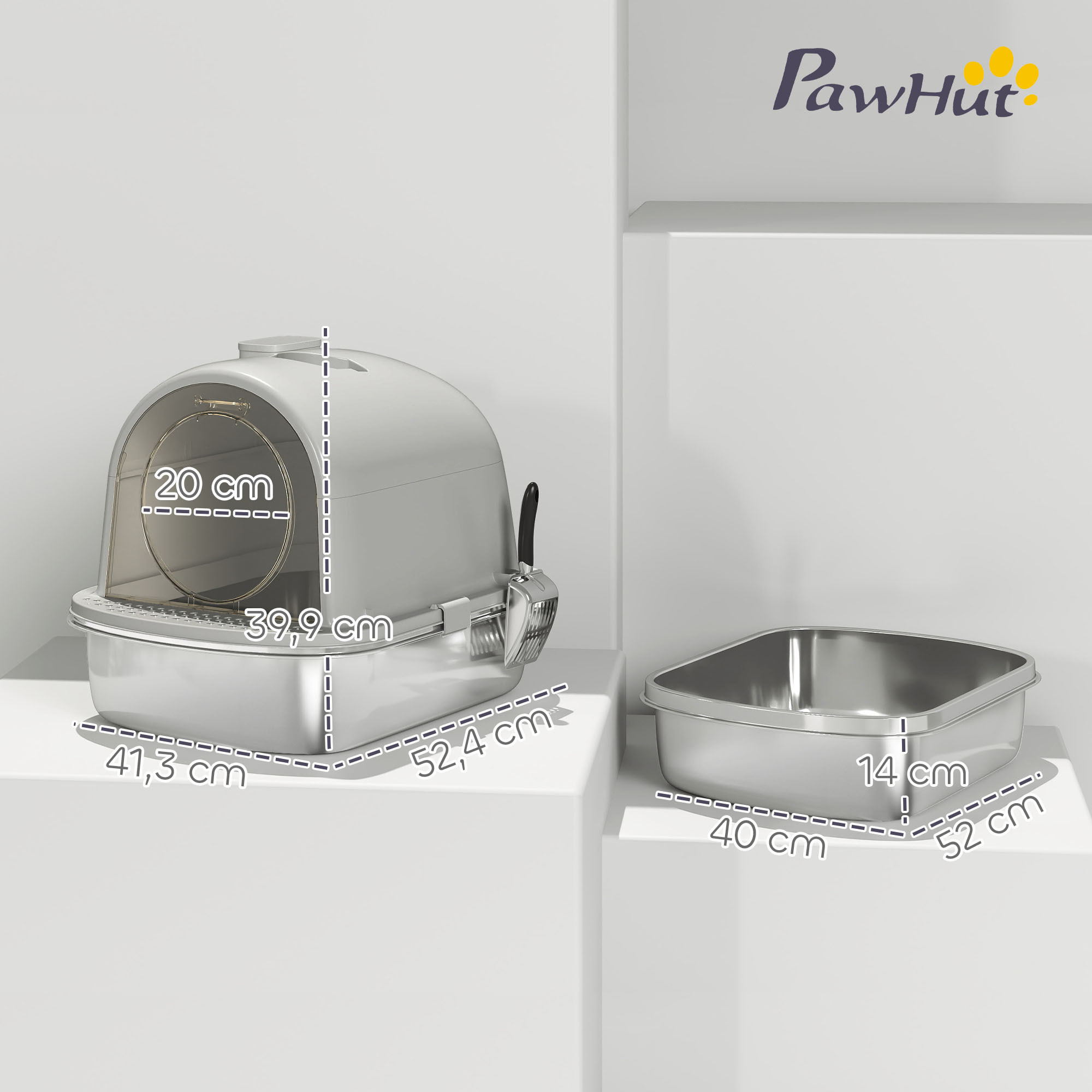 Arenero para Gatos de Acero Inoxidable con Cubierto Caja de Arena para Gatos Arenero con Bolsa Desodorizante Pala Fácil de Limpiar 52,4x41,3x39,9 cm Gris