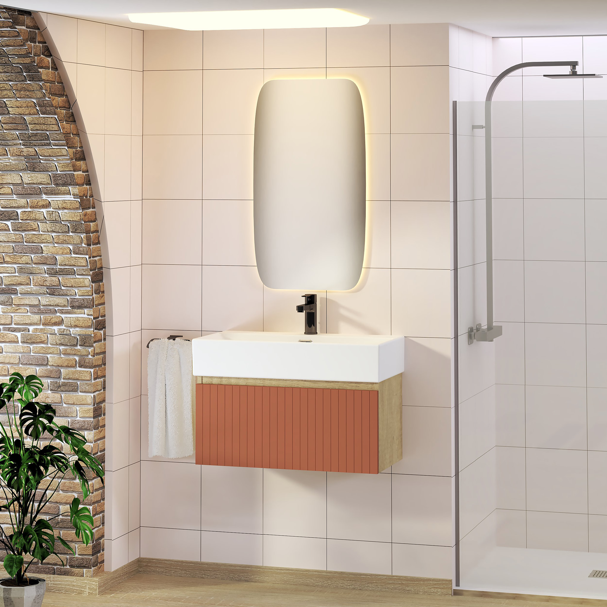 Conjunto de Baño Zel | Mueble Suspendido | 70 cm Scarlato | Un Cajón | Lavabo Encastrado | No incluye Espejo | Mueble Montado| Alday
