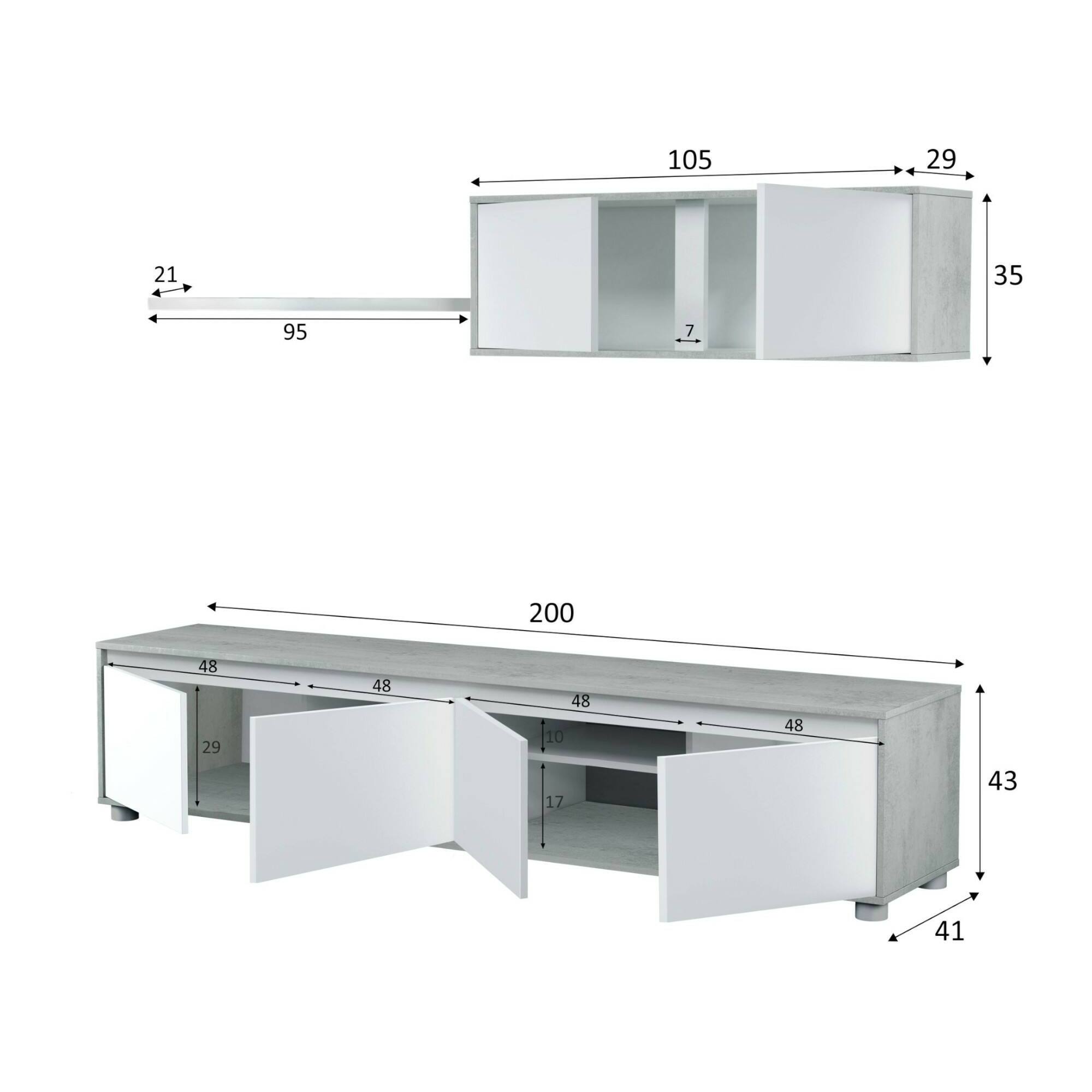 Parete attrezzata Savannah, Mobile da soggiorno porta TV, Composizione set salotto, Set salotto con pensile, cm 200x41h43, Bianco e Cemento