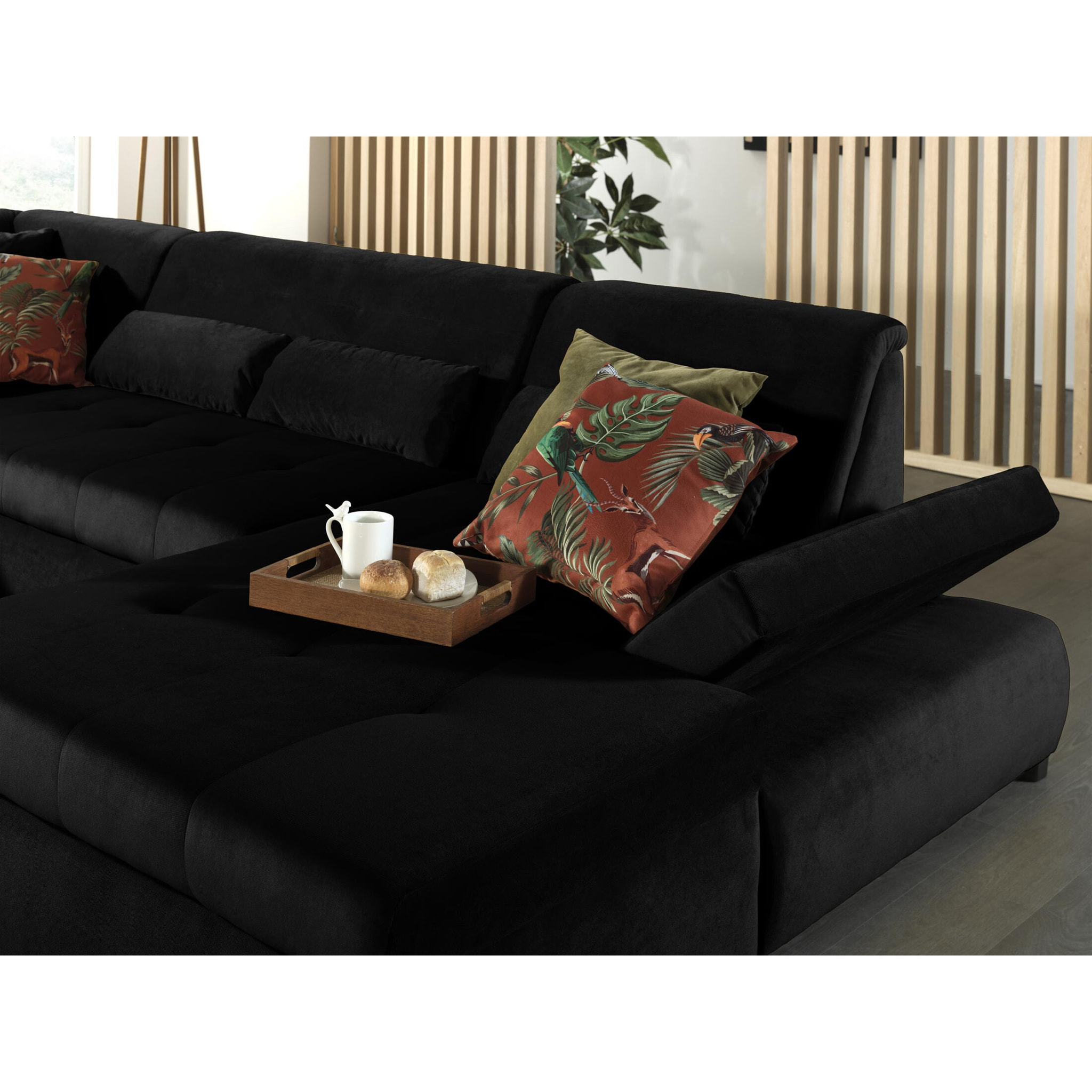 Vermont - canapé panoramique d'angle gauche - 7 places - XXL - en velours - Noir