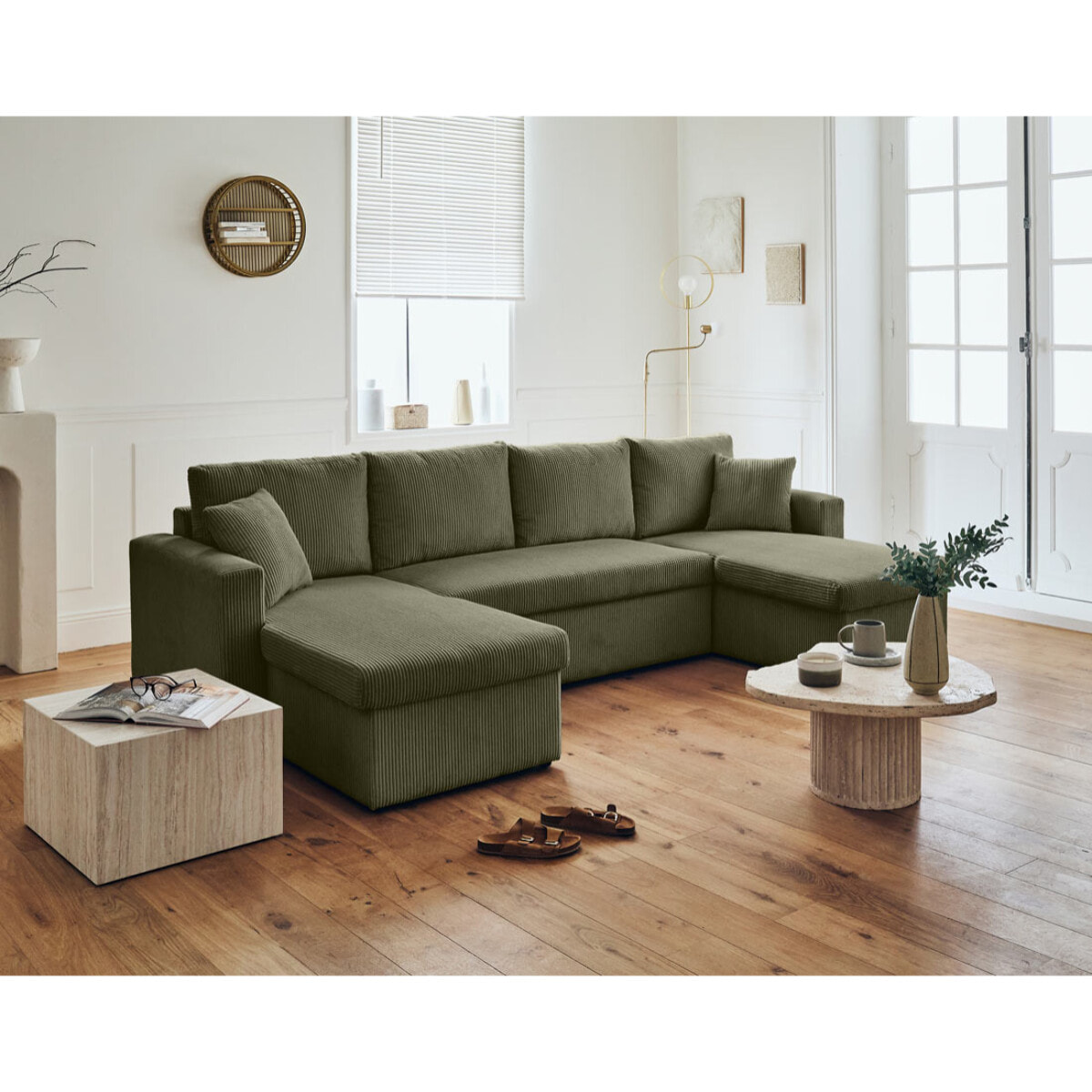 Cyrus - canapé panoramique en U - 7 places - convertible avec coffre - en velours côtelé - Vert