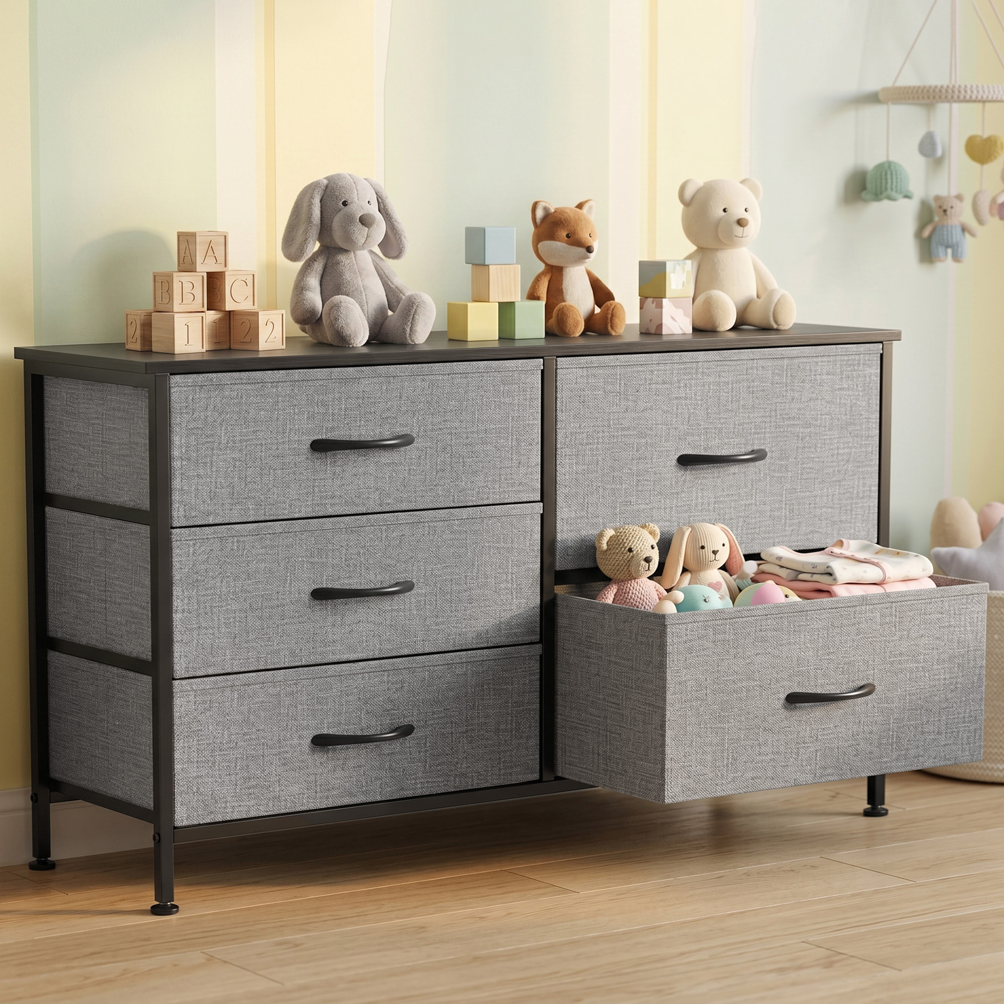 Cómoda con 5 Cajones de Tela, Cómoda para Dormitorio, Marco de Acero, Cajonera para Salón, Oficina, Vestidor, Negro y Gris Oscuro