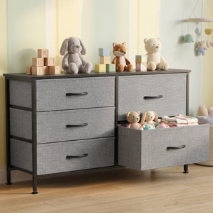 Cómoda con 5 Cajones de Tela, Cómoda para Dormitorio, Marco de Acero, Cajonera para Salón, Oficina, Vestidor, Negro y Gris Oscuro