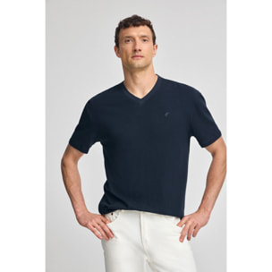 Camiseta azul marino en lino y algodón de cuello en pico y monograma bordado