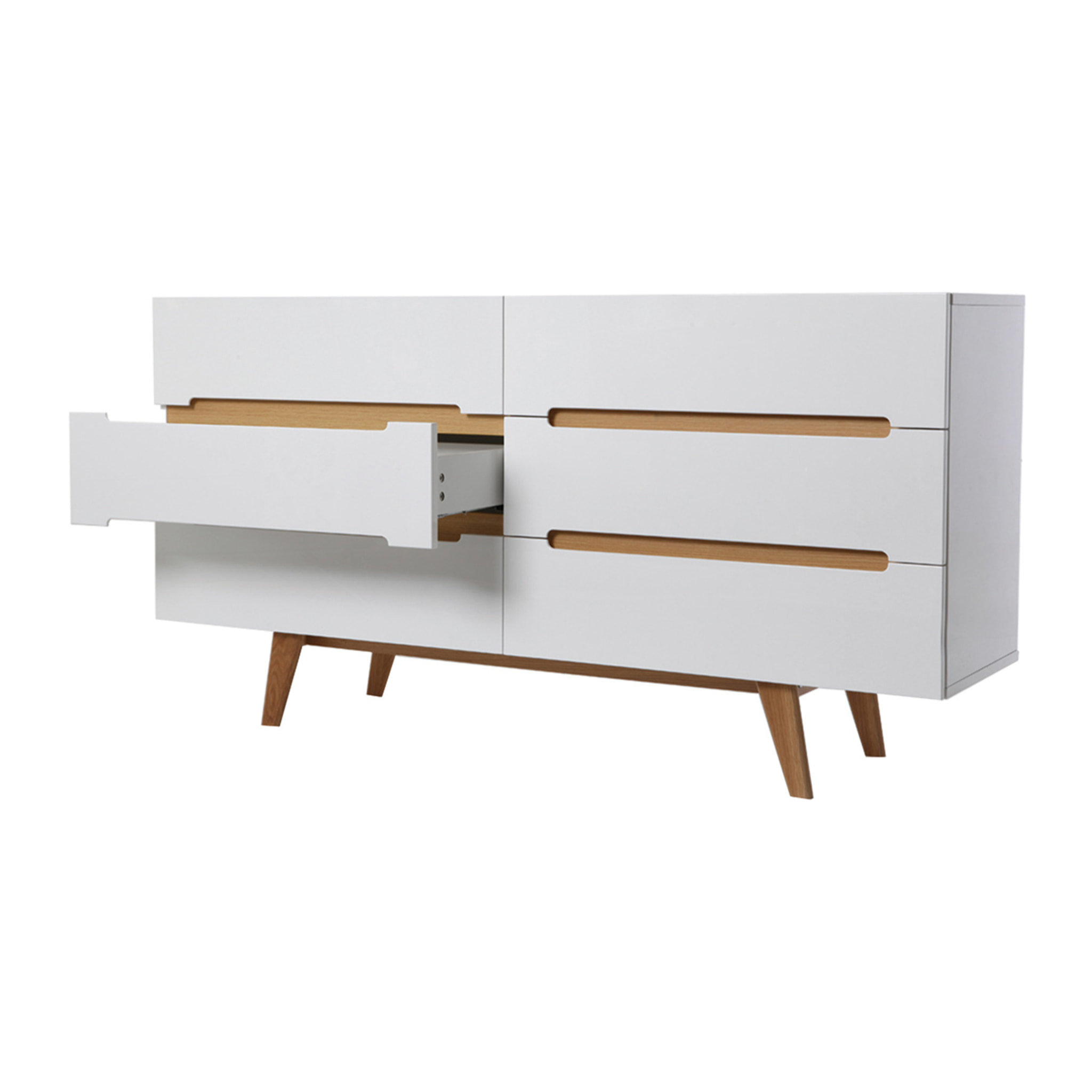 Commode scandinave finition blanc laqué brillant 6 tiroirs L160 cm MELKA