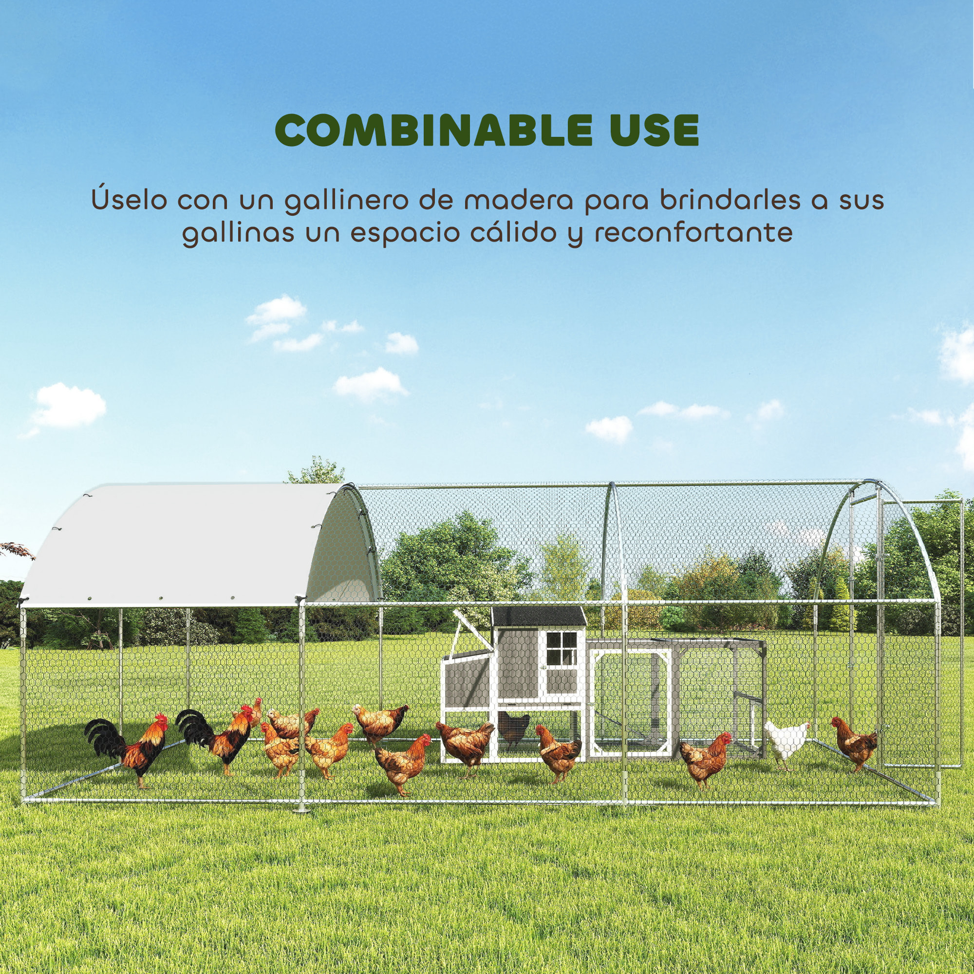 Gallinero para Exterior Grande, 2,8x5,1x1,9 m, 14,2 m², Gallinero de Acero Galvanizado con Cubierta de Tela Oxford, Anti-UV e Impermeable, Puerta y Pestillos, Jaula para 15-24 Gallinas, Plata