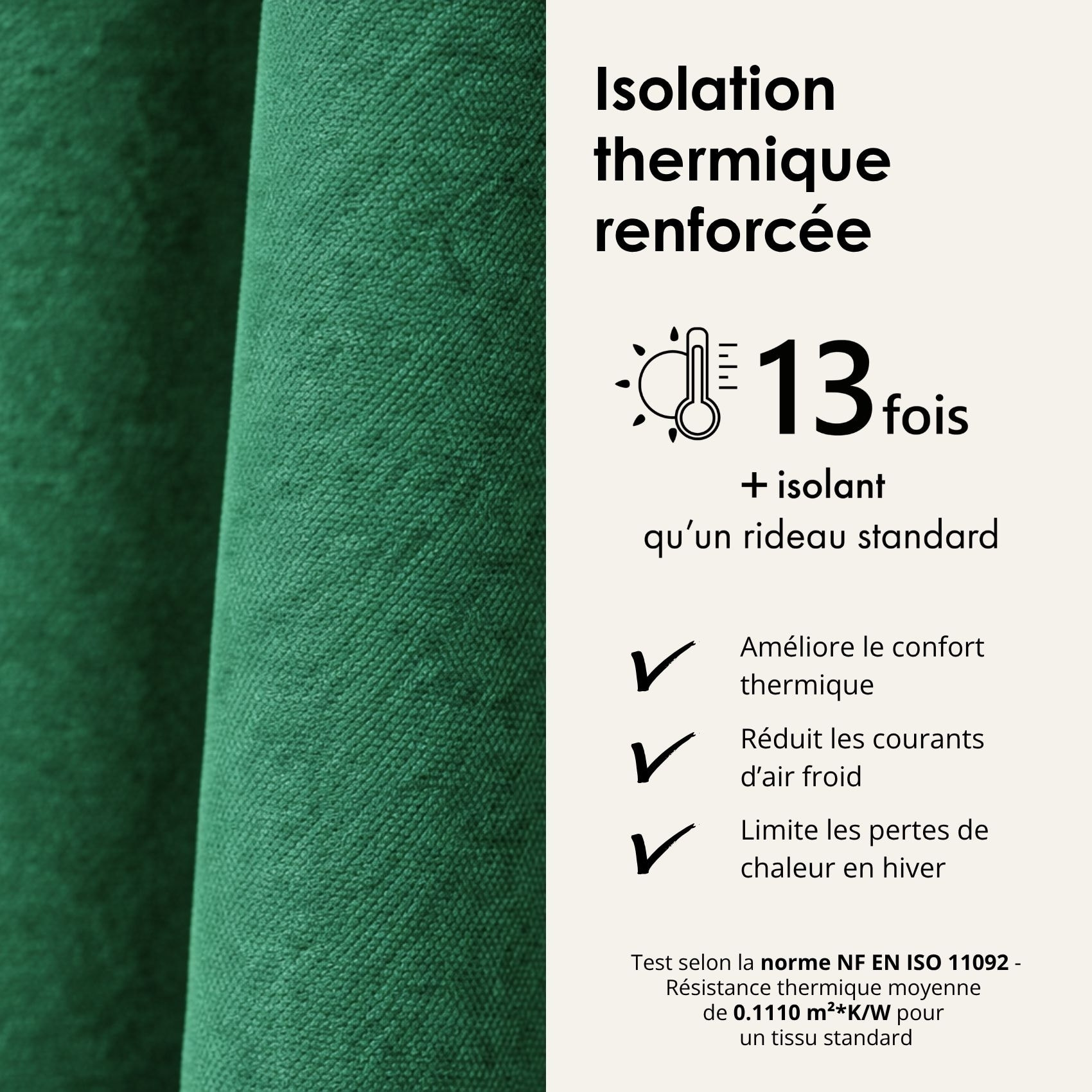Rideau thermique phonique et semi occultant à galons fronceurs KONFOR - Vert