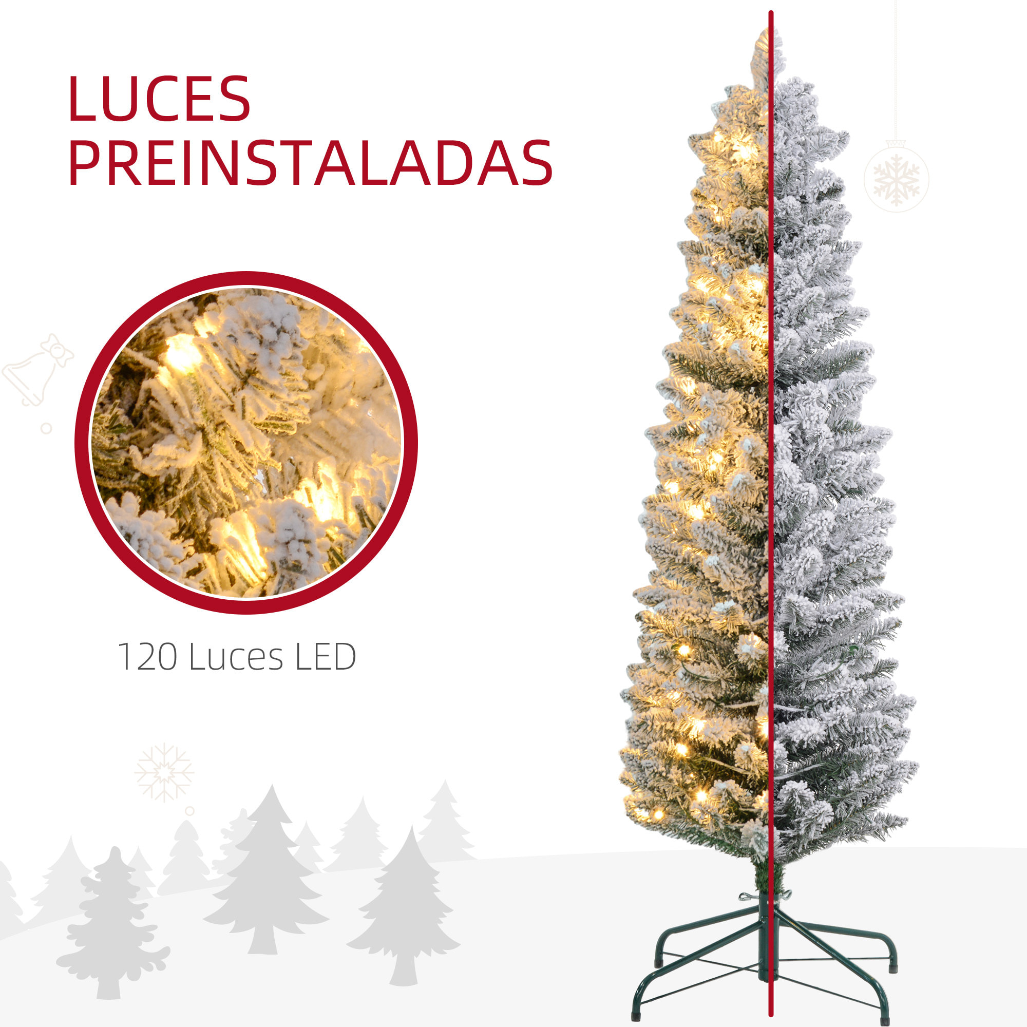 Árbol de Navidad 150 cm Árbol de Navidad Artificial Nevado con 120 Luces LED 263 Ramas y Soporte de Metal Árbol de Navideño para Salón Verde y Blanco