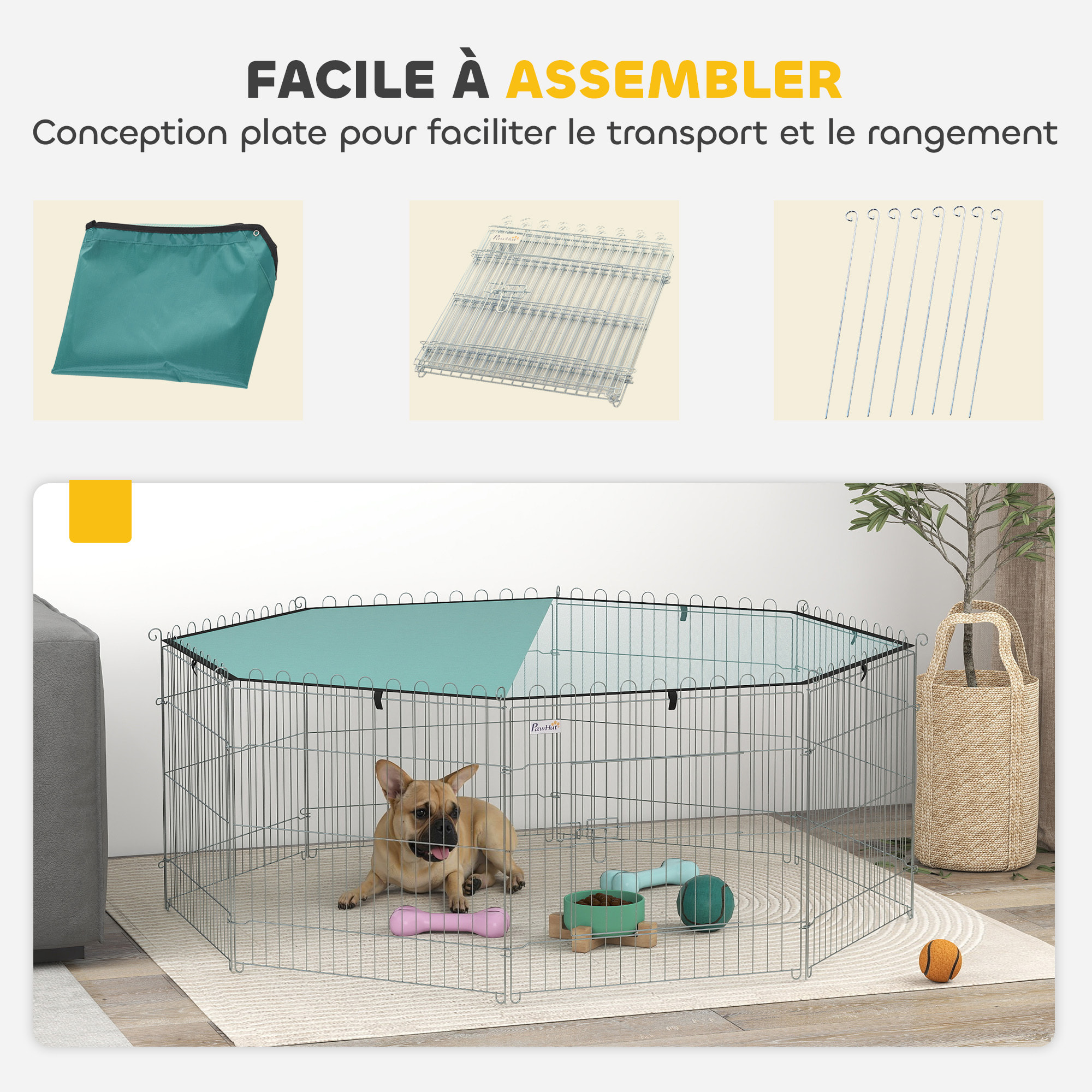 Parc pour chien 8 panneaux - avec toit, modulable et pliable - 60H cm - avec porte - intérieur et extérieur - argent vert