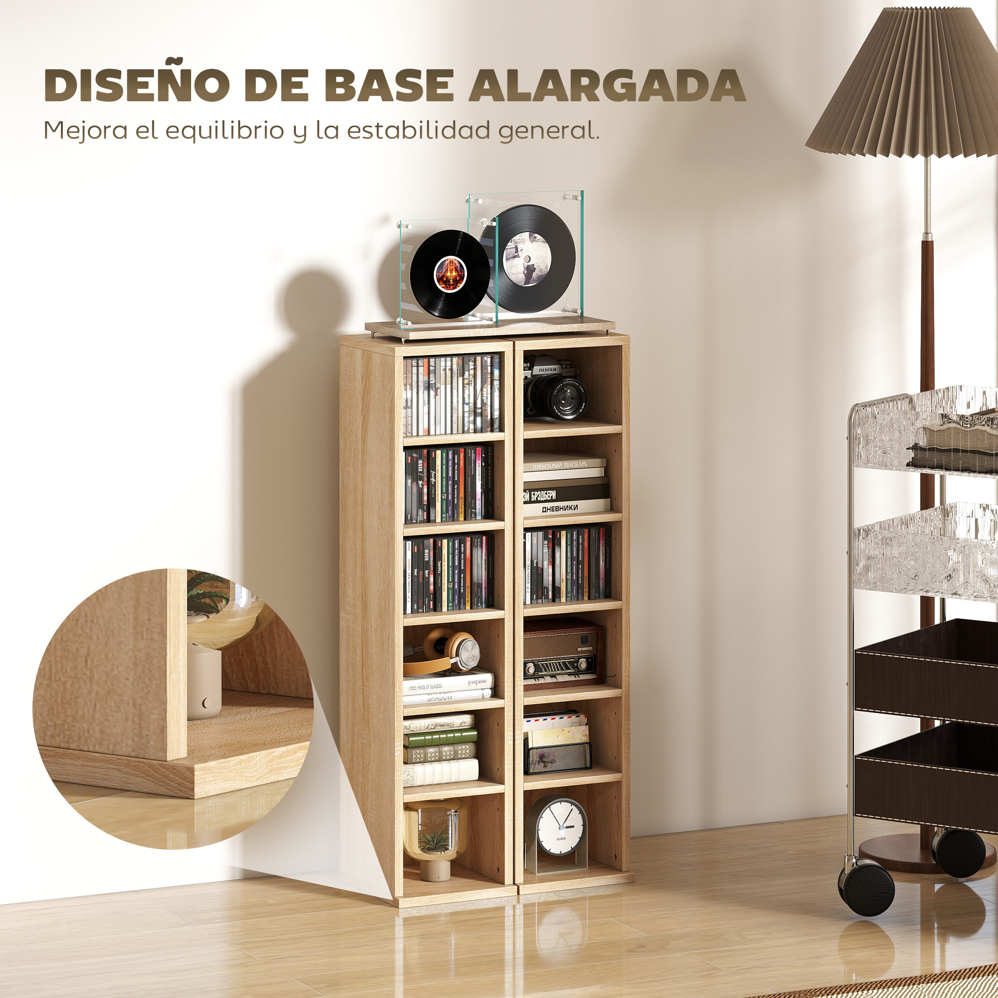 Set de 2 Estanterías para CDs y DVDs, Soportes para CD Estrechos con 12 Compartimentos, Estantes Ajustables, Estanterías para Salón, Oficina, 21x22,5x88,5 cm, Roble