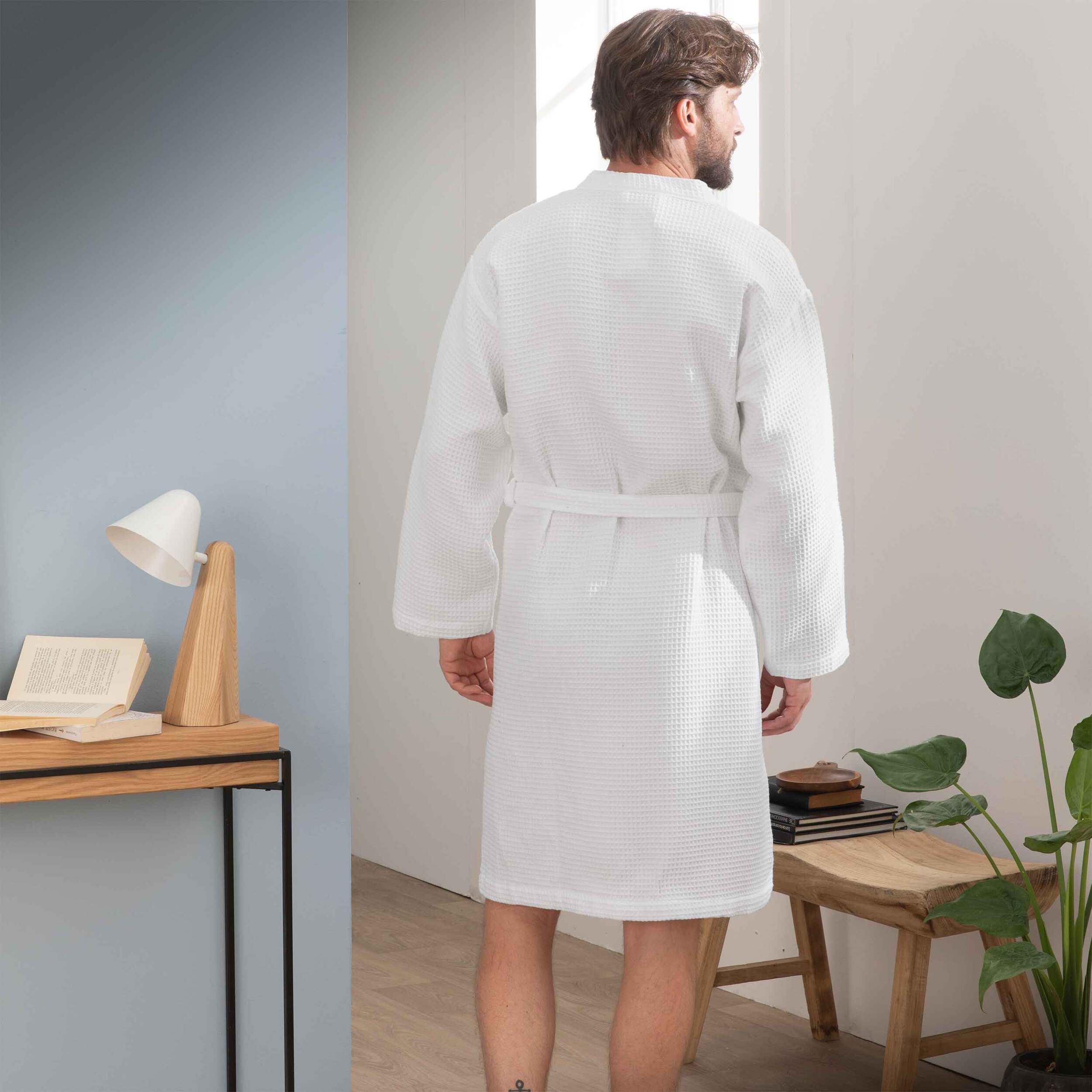 Peignoir mixte col kimono en coton bio, ESPRIT NID D'ABEILLE