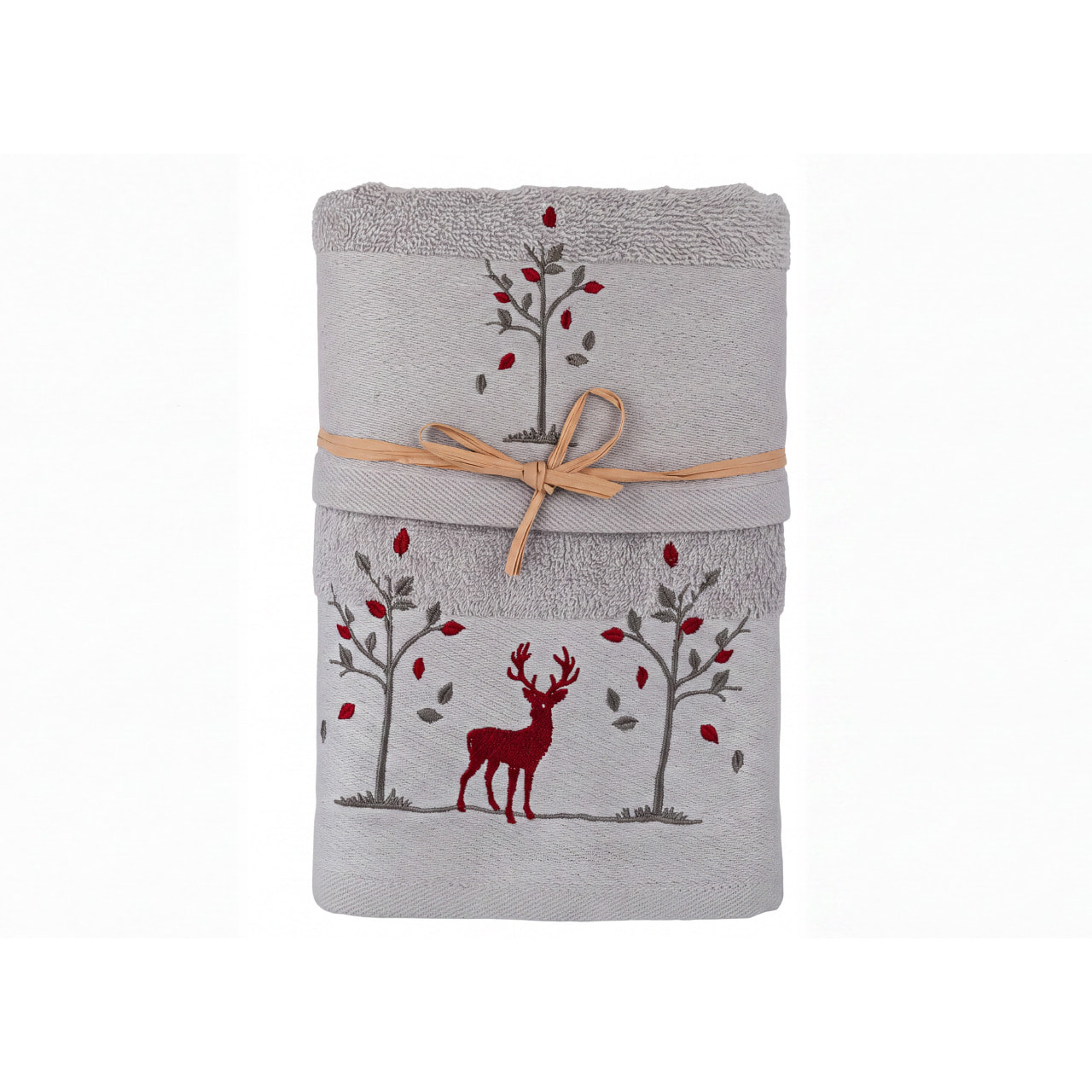 Set Asciugamano Ospite in Spugna 100% Cotone Fantasia Tirolese Natalizia Disegno Renna Bosco Grigio Chiaro
