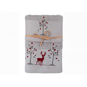 Set Asciugamano Ospite in Spugna 100% Cotone Fantasia Tirolese Natalizia Disegno Renna Bosco Grigio Chiaro