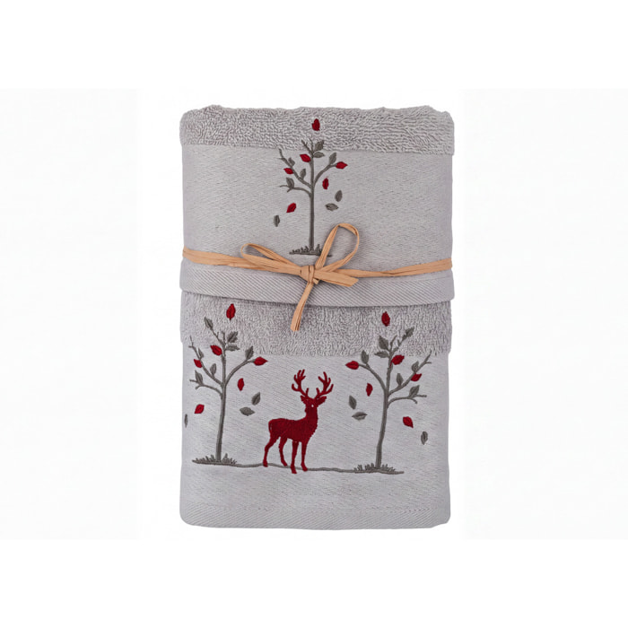 Set Asciugamano Ospite in Spugna 100% Cotone Fantasia Tirolese Natalizia Disegno Renna Bosco Grigio Chiaro
