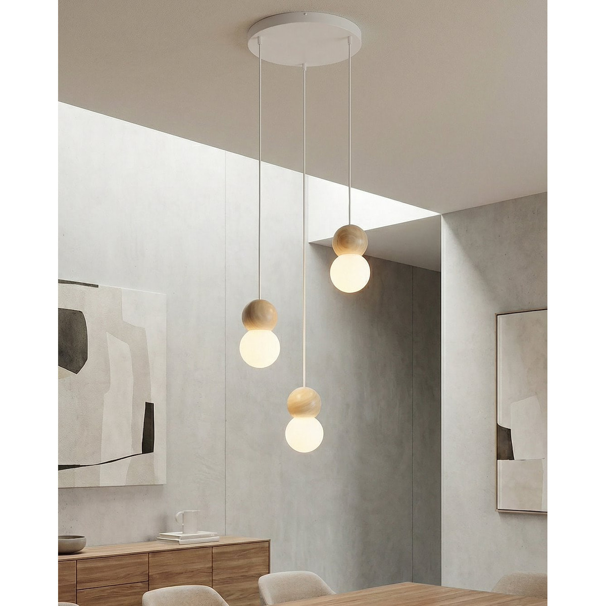 Lampada a sospensione LOOP in acciaio bianco e legno naturale