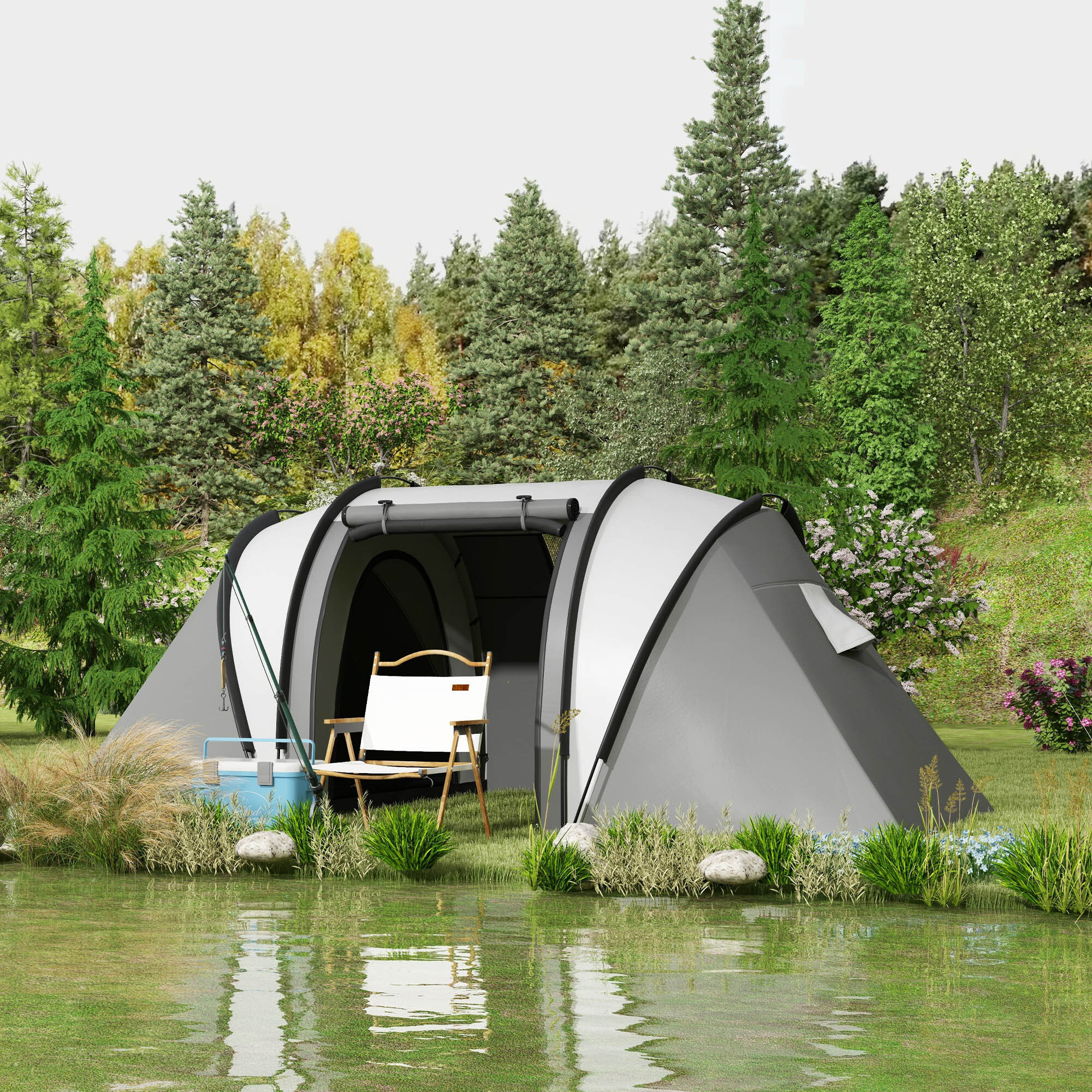 Tienda de CampaáÂ±a Familiar para 4-5 Personas Tienda de Acampada de TáÂºnel Impermeable 3000 mm con 2 Dormitorios Bolsa de Transporte y Gancho para Pescar Senderismo Gris