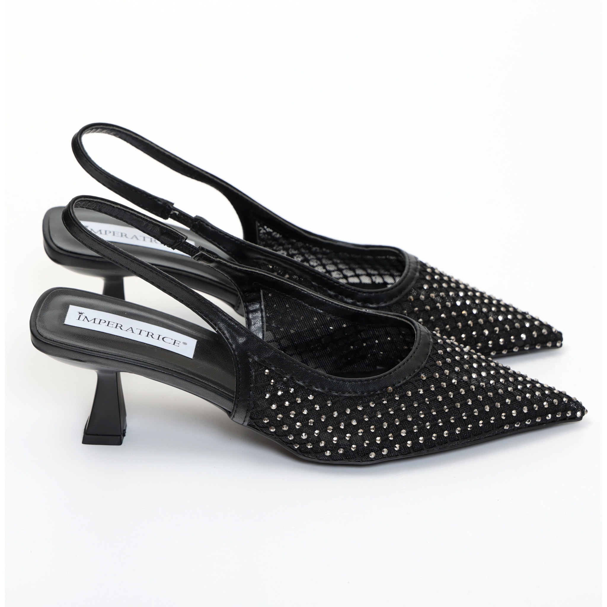 Dècolletè slingback con tacco a rocchetto in tessuto traforato con strass