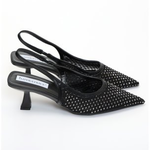 Dècolletè slingback con tacco a rocchetto in tessuto traforato con strass