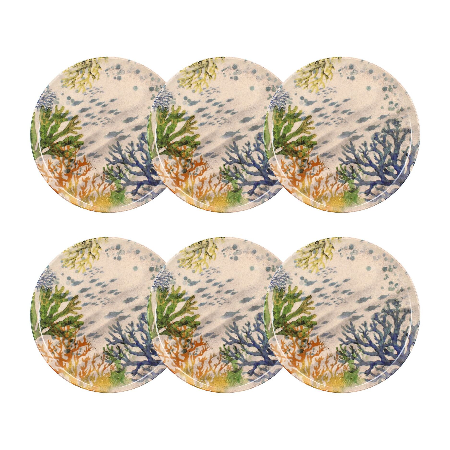 Lot de 6 assiettes plates motif aquatique en grès 26cm CORFOU
