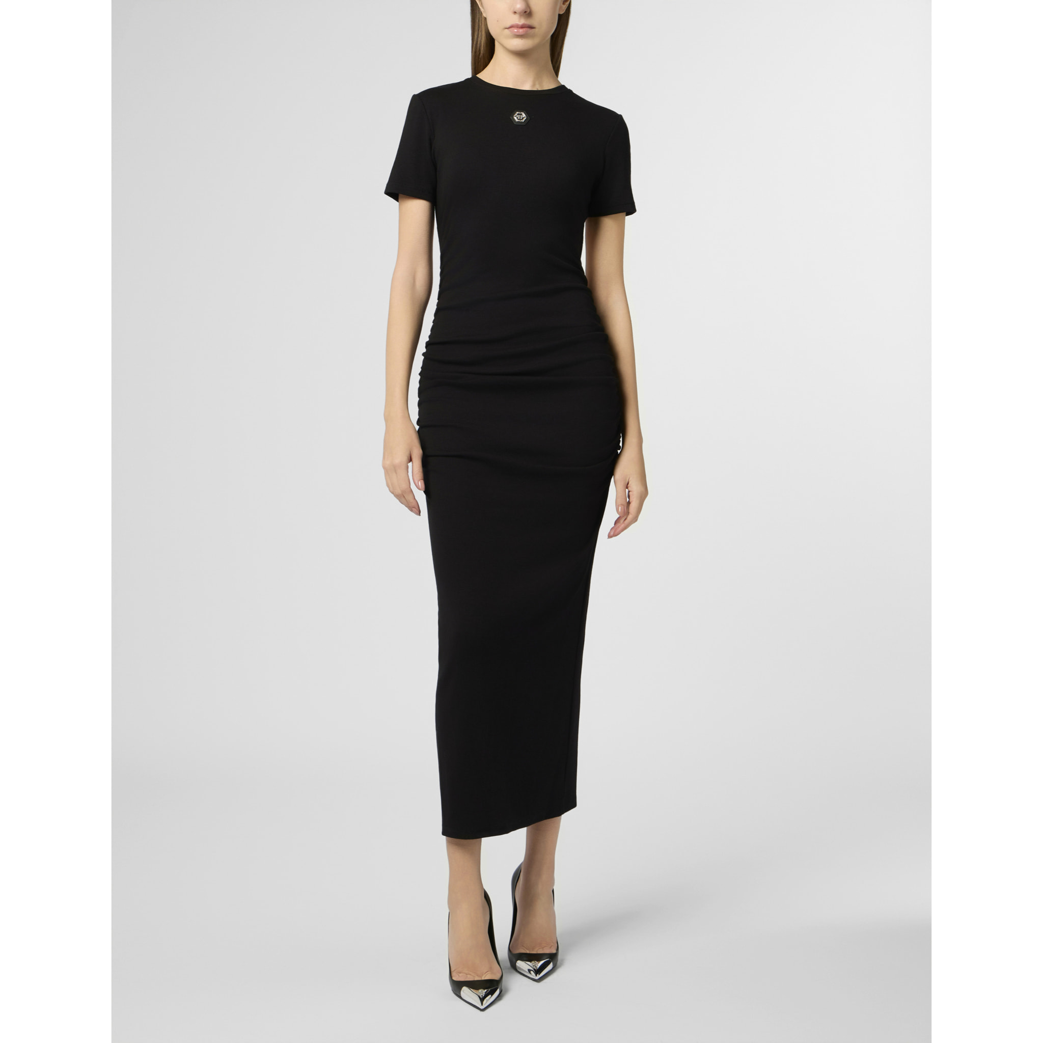 PHILIPP PLEIN Open Back Maxi T-Shirt Dress Signature Pendant Signature