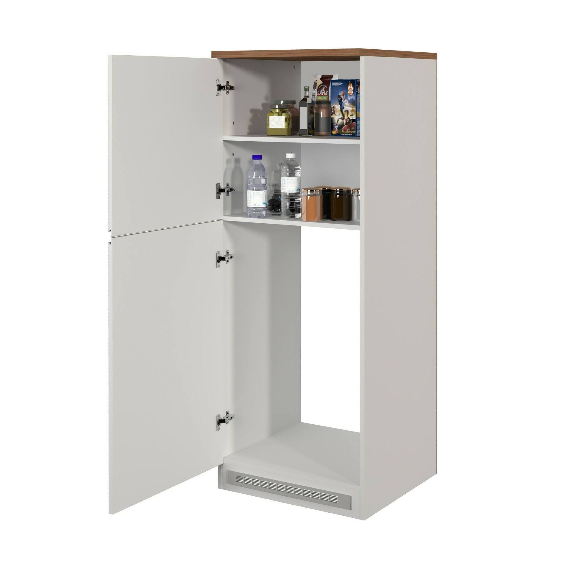 Dispensa da cucina Dcasasol, Mobile multiuso, Armadio porta frigo a 2 ante, 100% Made in Italy, 60x60h165 cm, Bianco lucido e Rovere