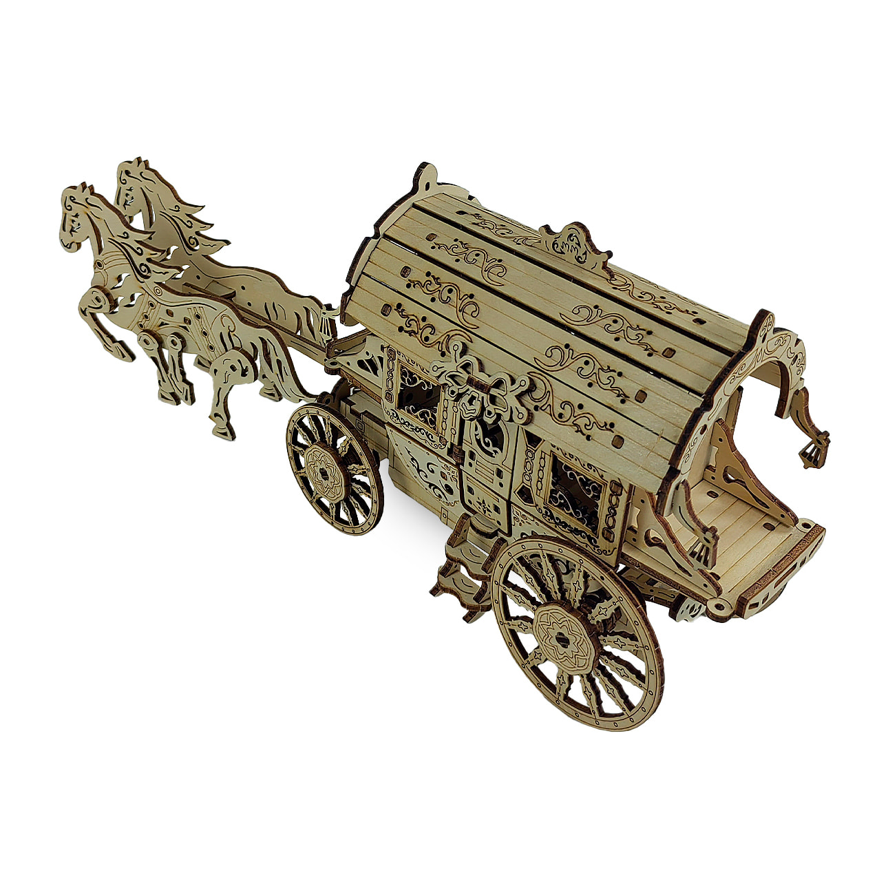 Modello in Legno 3D, con movimento meccanico design di carro con cavalli. 134 pezzi.