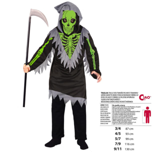 Costume Halloween Nero Scheletro Verde Con Falce Bambino