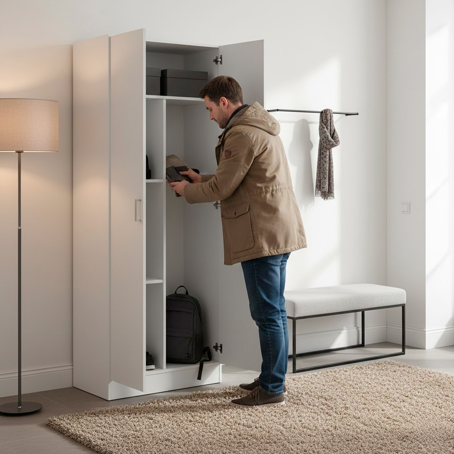 Armadio Multiuso Con 2 Ante Battenti e Ripiani Interni Armadietto Mobile Salvaspazio Per Bagno Lavanderia Ingresso 70 x 36 x 180.9 Cm Bianco