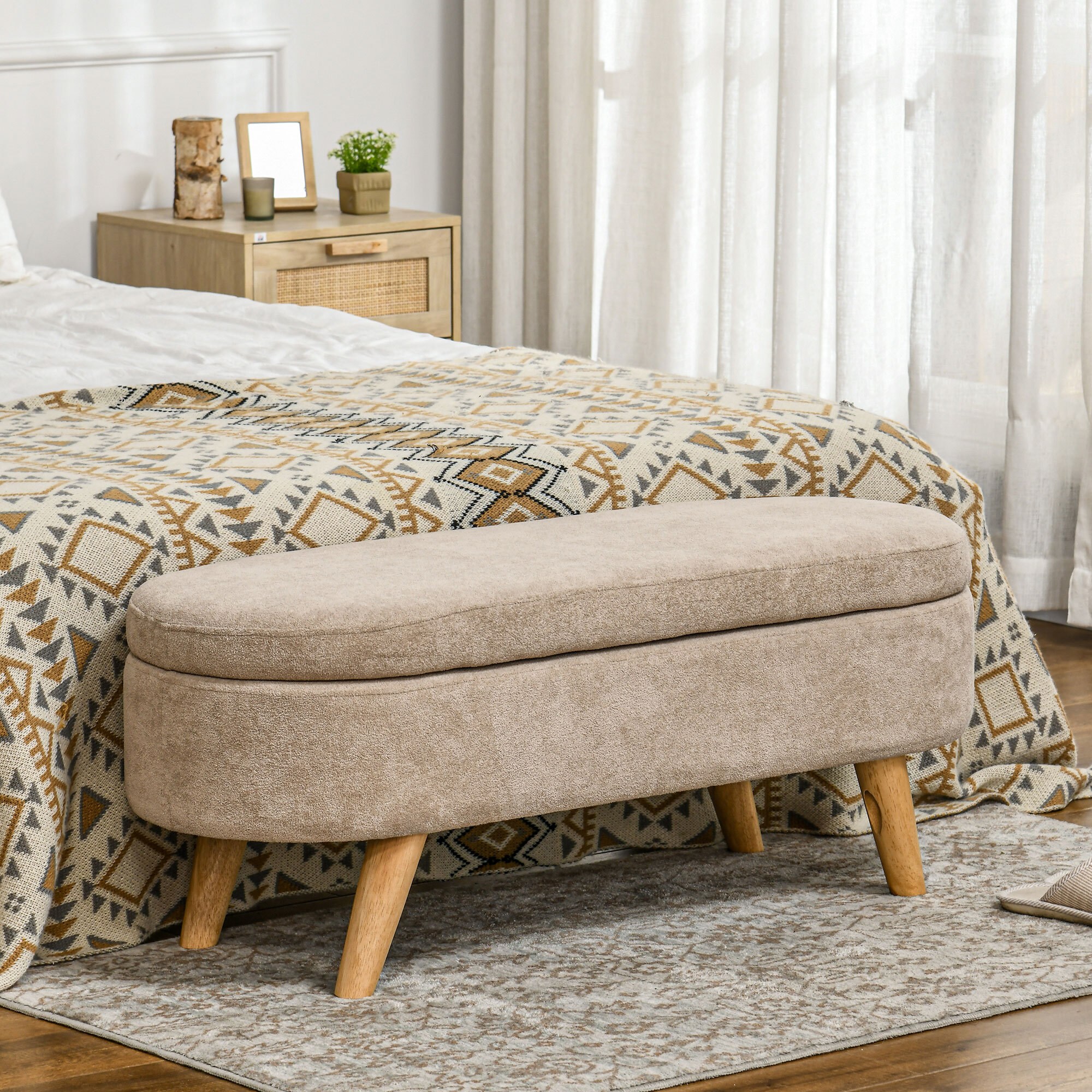 Banco Pie de Cama Banco de Almacenaje con Patas de Madera y Asiento Acolchado Carga 120 kg Puff Almacenaje Ovalado para Dormitorio Entrada Pasillo Beige