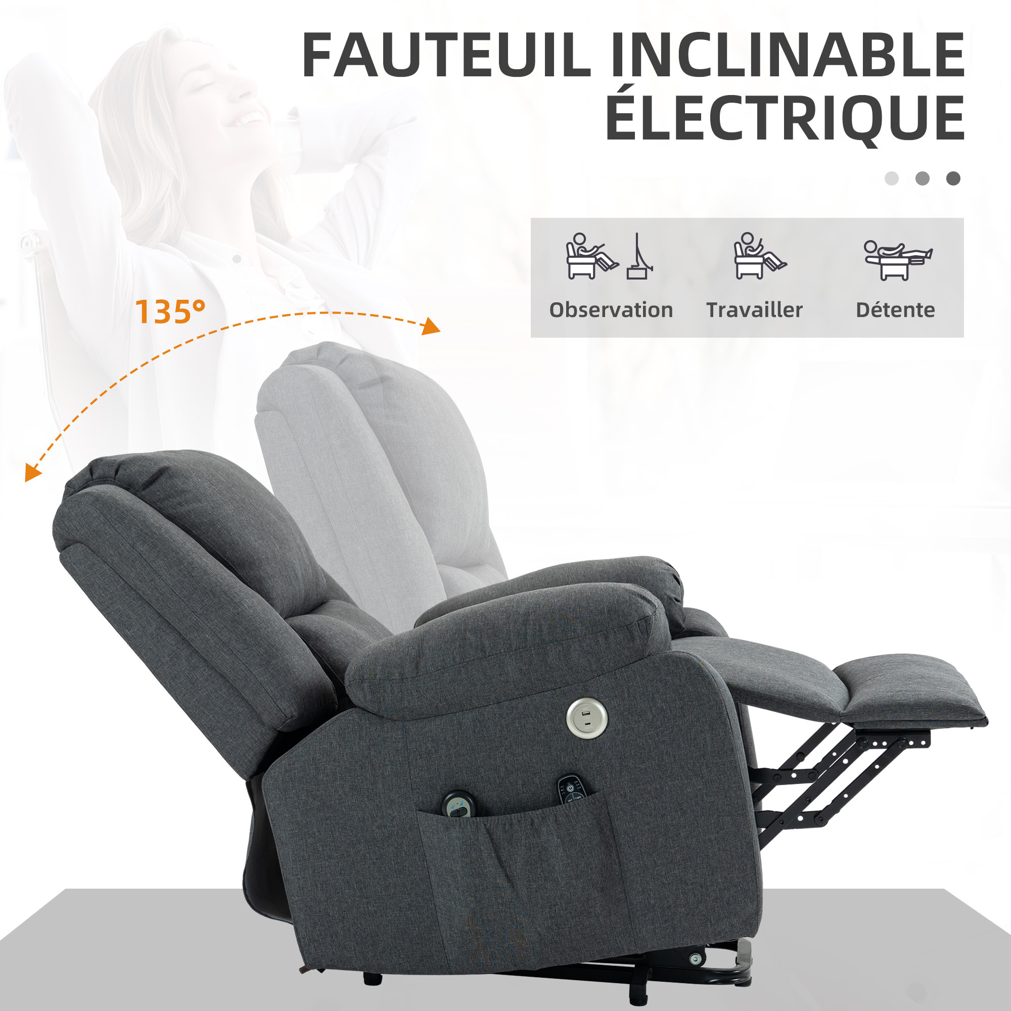 Fauteuil releveur relax massant électrique réglable - fonction chauffante, repose-pied, ports USB, télécommandes - tissu gris