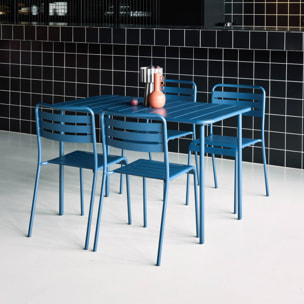 Table de jardin métal + 4 assises bleu marine en acier. Amelia. 120 x 70 x 72.5 cm