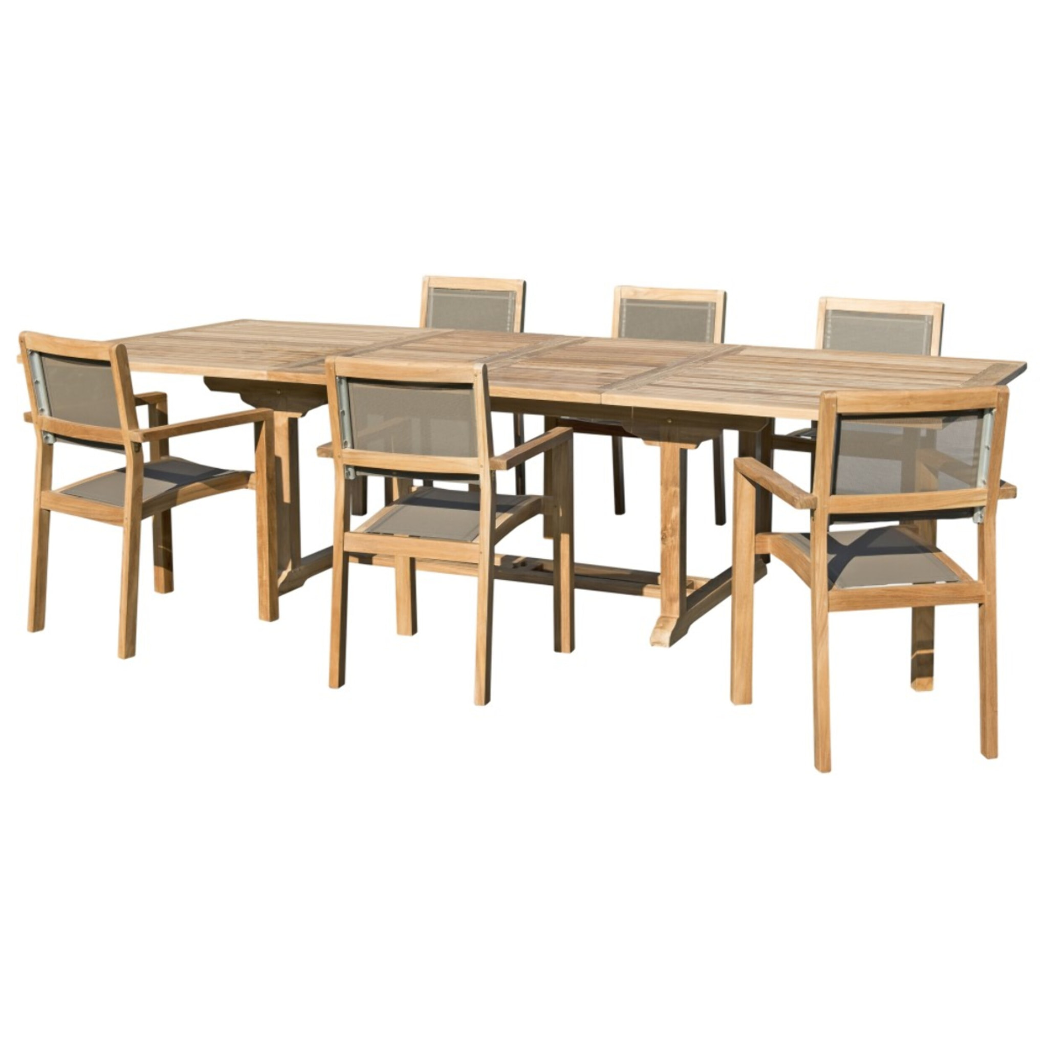 FUN - SALON DE JARDIN EN BOIS TECK 10/12 pers - 1 Table rectangulaire extensible - 6 fauteuils empilables textilène taupe