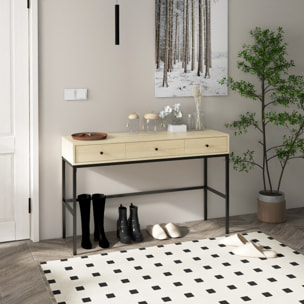 Console design industriel 3 tiroirs structure piètement acier noir panneaux aspect bois clair