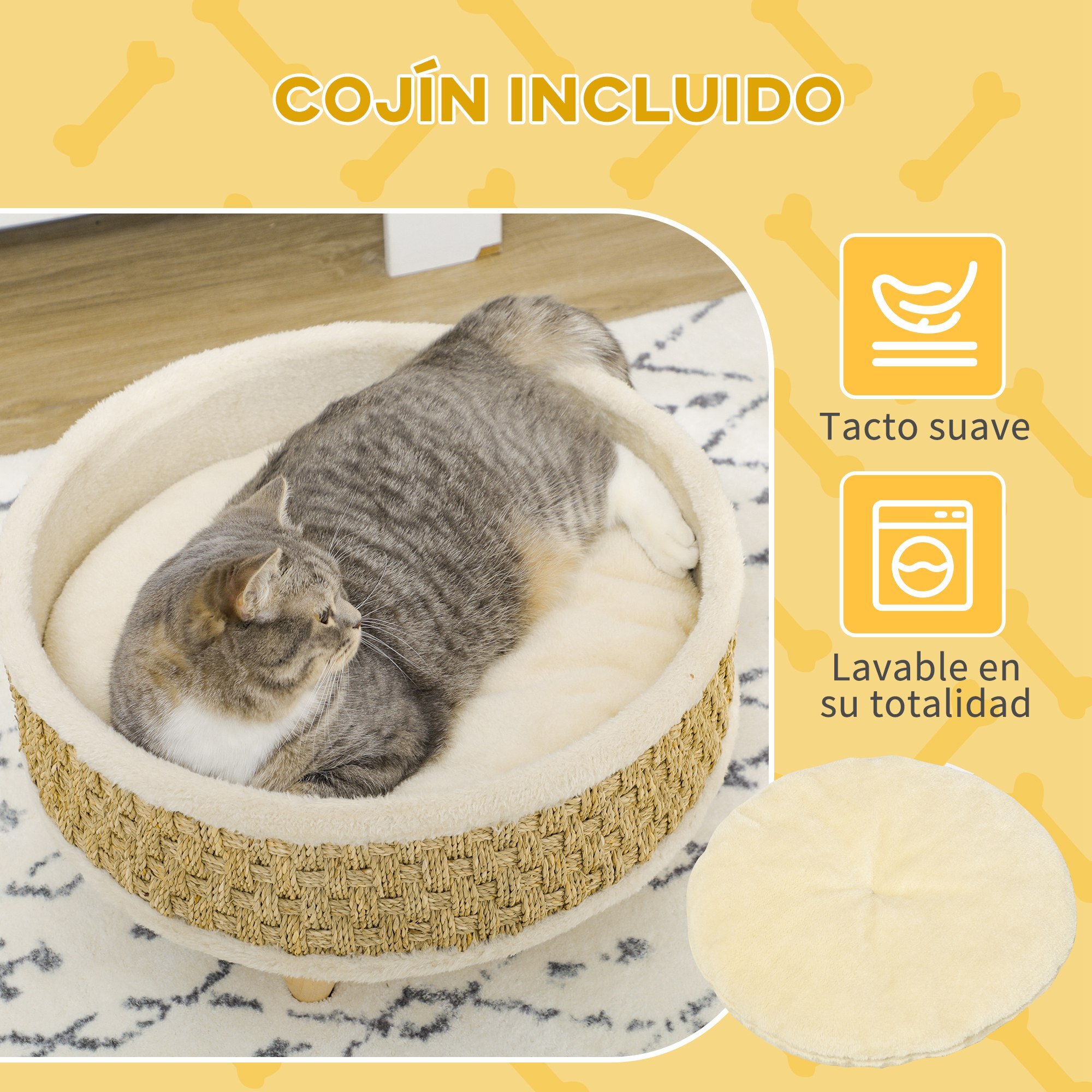 Cama Elevada para Perros Cama para Perros Miniaturas con Cojín Lavable Cuerda de Seagrass Marco de Madera y Alfombrillas Antideslizantes Sofá para Mascotas para Interior Ø48x24,5 cm Beige