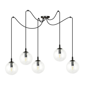 Lampada a sospensione Gigi 5 luci in acciaio nero e vetro trasparente