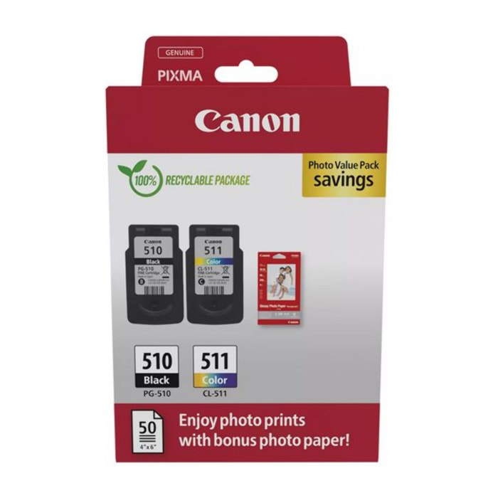Cartouche d'encre CANON Pack de 2 Originales PG-510/CL-511 (Noir + 3 Couleurs) - 2933B010
