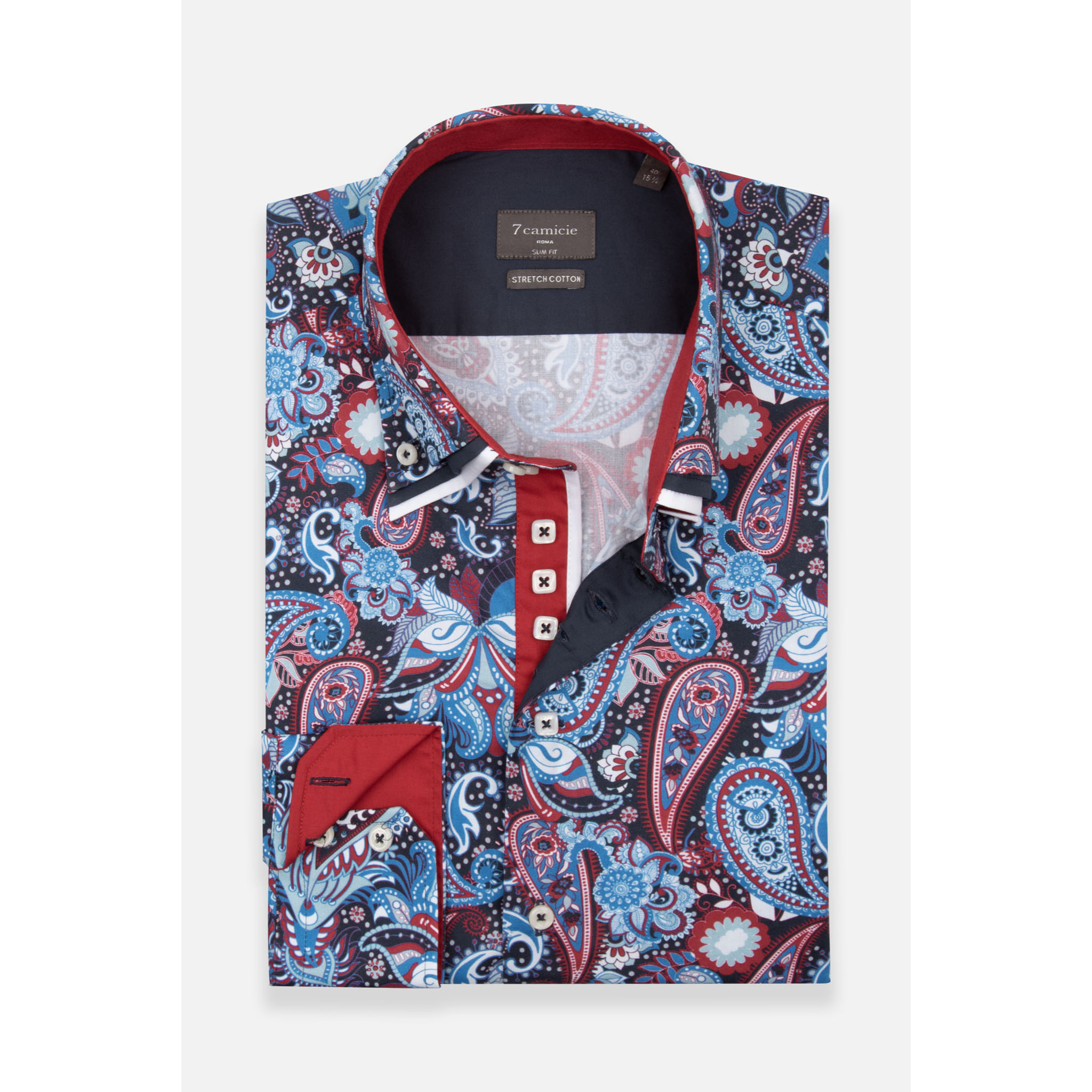 Camicia Uomo 2 Bottoni Button Down Triplo Collo Slim Popeline Stretch Stampato Bluette e Rosso